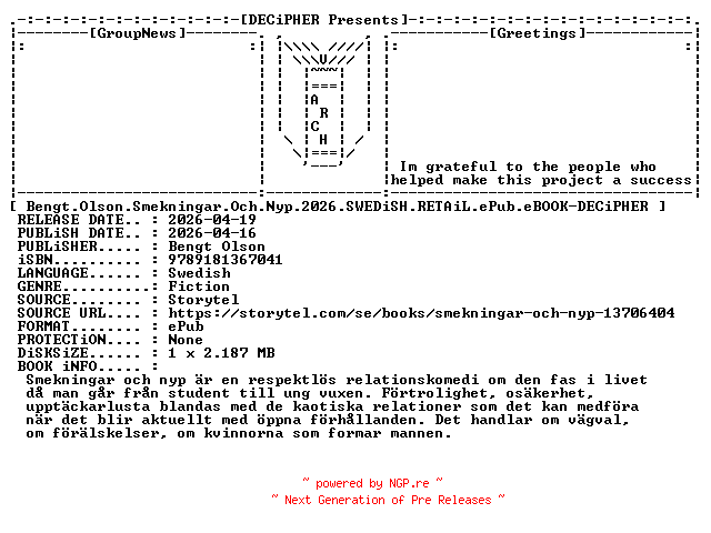 NFO for the release Bengt.Olson.Smekningar.Och.Nyp.2026.SWEDiSH.RETAiL.ePub.eBOOK-DECiPHER by DECiPHER