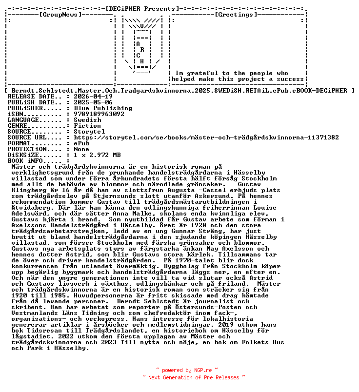 NFO for the release Berndt.Sehlstedt.Master.Och.Tradgardskvinnorna.2025.SWEDiSH.RETAiL.ePub.eBOOK-DECiPHER by DECiPHER