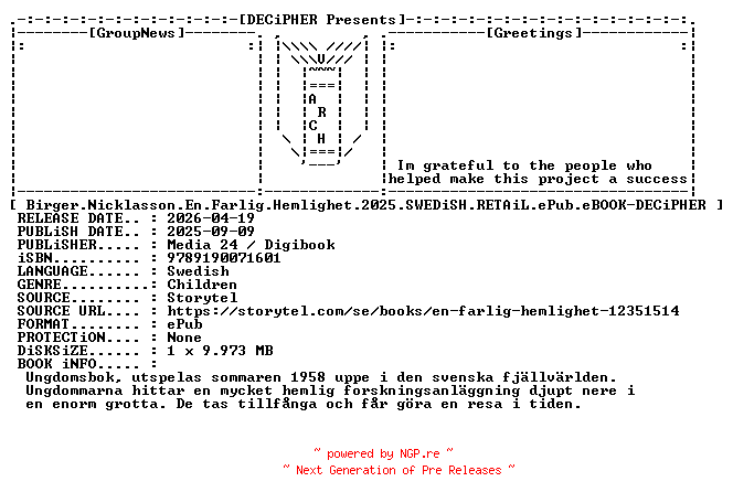 NFO for the release Birger.Nicklasson.En.Farlig.Hemlighet.2025.SWEDiSH.RETAiL.ePub.eBOOK-DECiPHER by DECiPHER