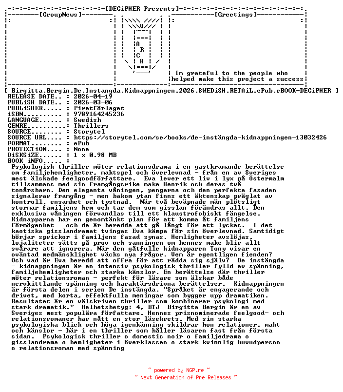 NFO for the release Birgitta.Bergin.De.Instangda.Kidnappningen.2026.SWEDiSH.RETAiL.ePub.eBOOK-DECiPHER by DECiPHER