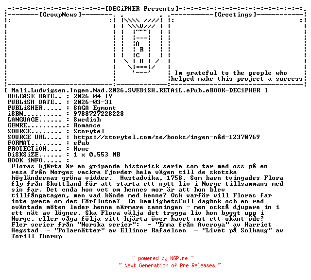 NFO for the release Mali.Ludvigsen.Ingen.Nad.2026.SWEDiSH.RETAiL.ePub.eBOOK-DECiPHER by DECiPHER