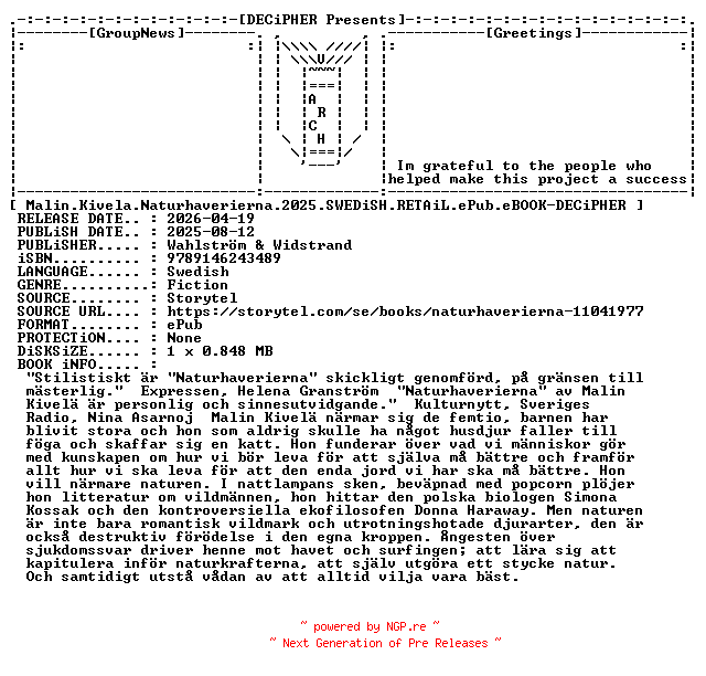 NFO for the release Malin.Kivela.Naturhaverierna.2025.SWEDiSH.RETAiL.ePub.eBOOK-DECiPHER by DECiPHER