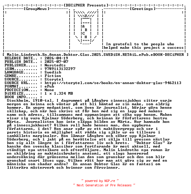 NFO for the release Malin.Lindroth.En.Annan.Doktor.Glas.2025.SWEDiSH.RETAiL.ePub.eBOOK-DECiPHER by DECiPHER