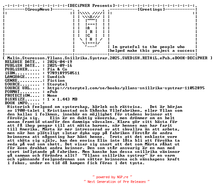 NFO for the release Malin.Sturesson.Yllans.Snillrika.Systrar.2025.SWEDiSH.RETAiL.ePub.eBOOK-DECiPHER by DECiPHER
