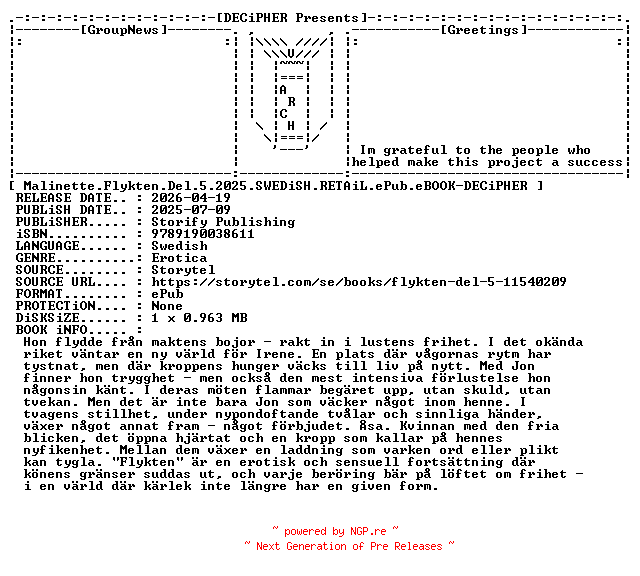 NFO for the release Malinette.Flykten.Del.5.2025.SWEDiSH.RETAiL.ePub.eBOOK-DECiPHER by DECiPHER