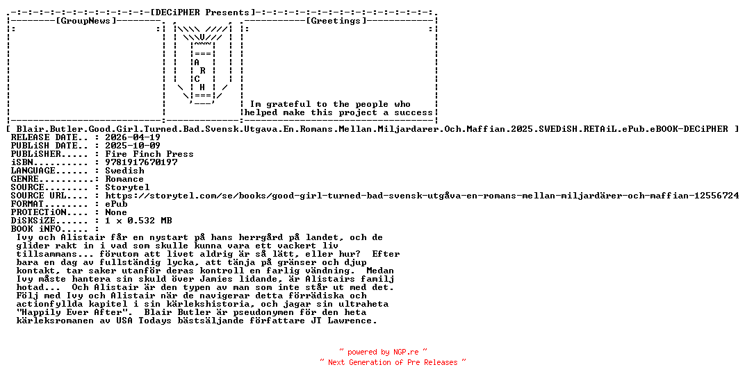 NFO for the release Blair.Butler.Good.Girl.Turned.Bad.Svensk.Utgava.En.Romans.Mellan.Miljardarer.Och.Maffian.2025.SWEDiSH.RETAiL.ePub.eBOOK-DECiPHER by DECiPHER