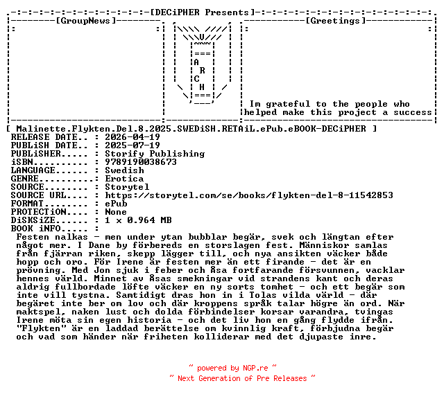 NFO for the release Malinette.Flykten.Del.8.2025.SWEDiSH.RETAiL.ePub.eBOOK-DECiPHER by DECiPHER