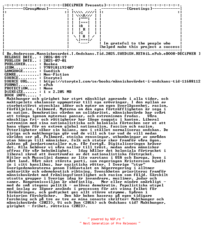 NFO for the release Bo.Andersson.Manniskovardet.I.Ondskans.Tid.2025.SWEDiSH.RETAiL.ePub.eBOOK-DECiPHER by DECiPHER
