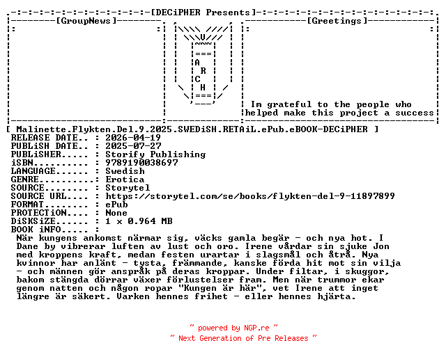 NFO for the release Malinette.Flykten.Del.9.2025.SWEDiSH.RETAiL.ePub.eBOOK-DECiPHER by DECiPHER