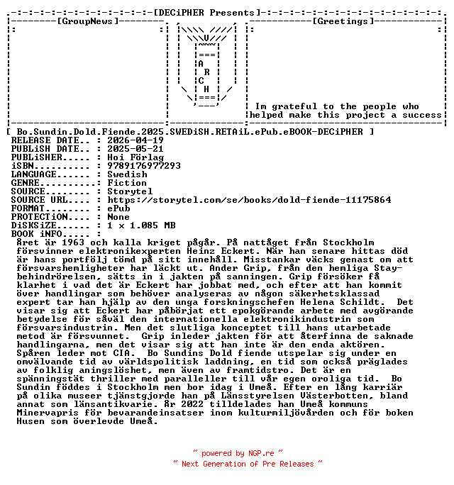 NFO for the release Bo.Sundin.Dold.Fiende.2025.SWEDiSH.RETAiL.ePub.eBOOK-DECiPHER by DECiPHER