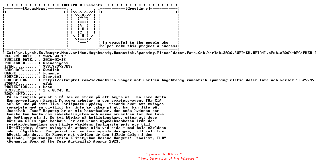 NFO for the release Caitlyn.Lynch.En.Ranger.Mot.Varlden.Hogoktanig.Romantisk.Spanning.Elitsoldater.Fara.Och.Karlek.2026.SWEDiSH.RETAiL.ePub.eBOOK-DECiPHER by DECiPHER