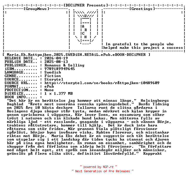 NFO for the release Maria.Ek.Rattpojken.2025.SWEDiSH.RETAiL.ePub.eBOOK-DECiPHER by DECiPHER