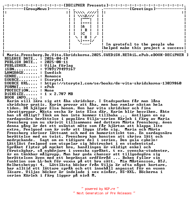 NFO for the release Maria.Frensborg.De.Vita.Skridskorna.2025.SWEDiSH.RETAiL.ePub.eBOOK-DECiPHER by DECiPHER