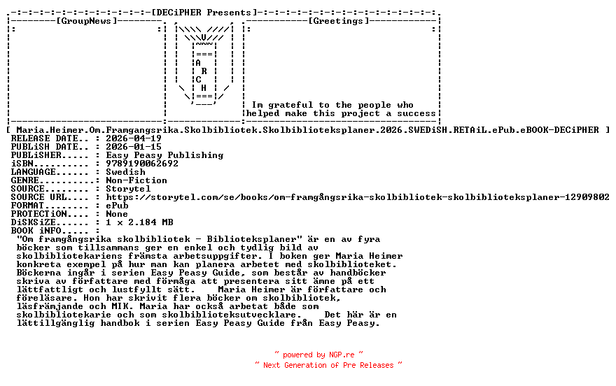 NFO for the release Maria.Heimer.Om.Framgangsrika.Skolbibliotek.Skolbiblioteksplaner.2026.SWEDiSH.RETAiL.ePub.eBOOK-DECiPHER by DECiPHER