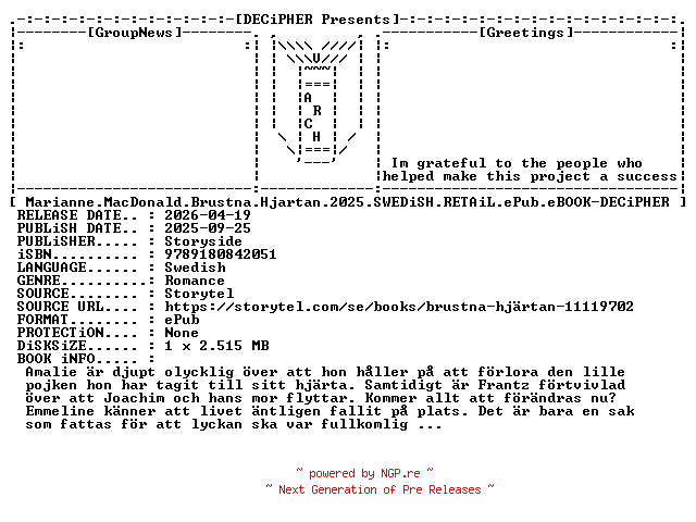 NFO for the release Marianne.MacDonald.Brustna.Hjartan.2025.SWEDiSH.RETAiL.ePub.eBOOK-DECiPHER by DECiPHER