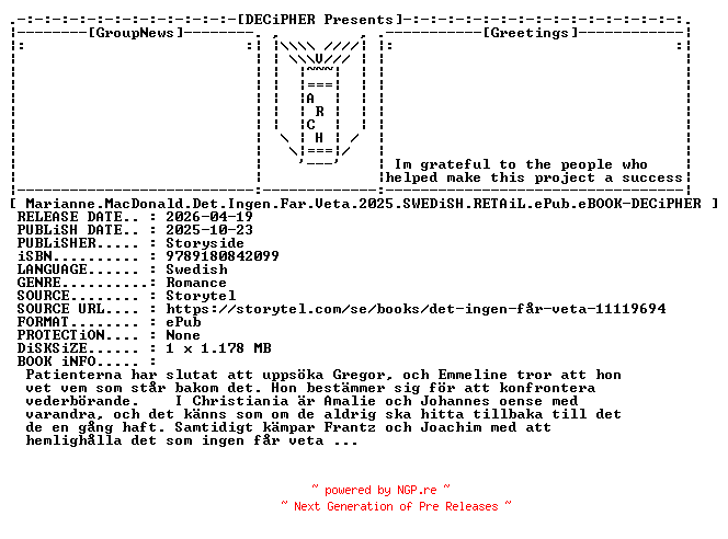 NFO for the release Marianne.MacDonald.Det.Ingen.Far.Veta.2025.SWEDiSH.RETAiL.ePub.eBOOK-DECiPHER by DECiPHER