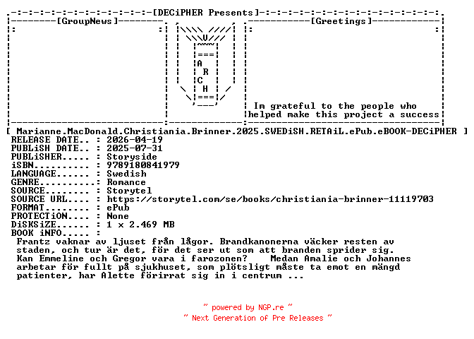 NFO for the release Marianne.MacDonald.Christiania.Brinner.2025.SWEDiSH.RETAiL.ePub.eBOOK-DECiPHER by DECiPHER