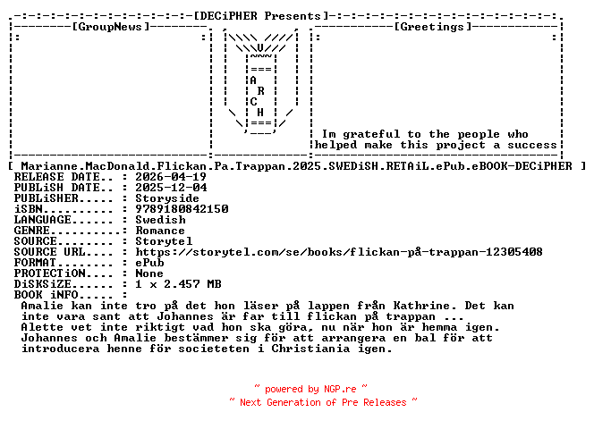 NFO for the release Marianne.MacDonald.Flickan.Pa.Trappan.2025.SWEDiSH.RETAiL.ePub.eBOOK-DECiPHER by DECiPHER