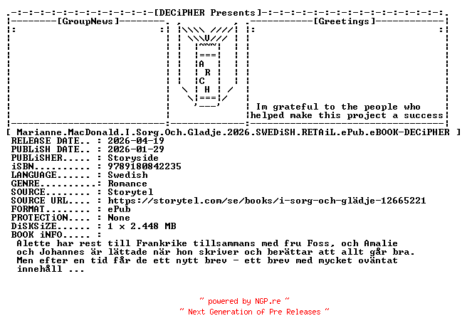 NFO for the release Marianne.MacDonald.I.Sorg.Och.Gladje.2026.SWEDiSH.RETAiL.ePub.eBOOK-DECiPHER by DECiPHER