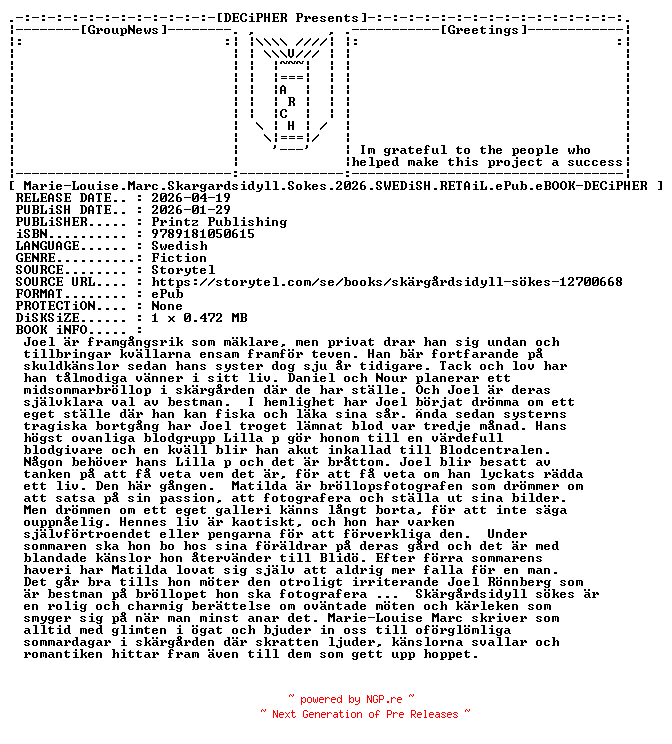 NFO for the release Marie.Louise.Marc.Skargardsidyll.Sokes.2026.SWEDiSH.RETAiL.ePub.eBOOK-DECiPHER by DECiPHER