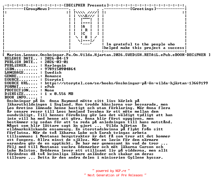 NFO for the release Marion.Lennox.Onskningar.Pa.On.Vilda.Hjartan.2026.SWEDiSH.RETAiL.ePub.eBOOK-DECiPHER by DECiPHER