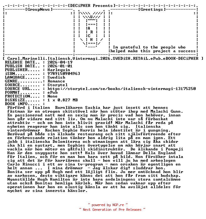 NFO for the release Carol.Marinelli.Italiensk.Vintermagi.2026.SWEDiSH.RETAiL.ePub.eBOOK-DECiPHER by DECiPHER