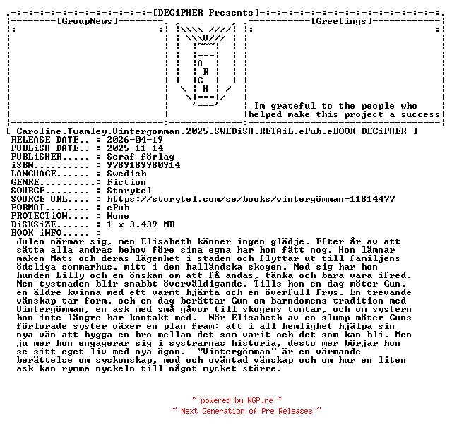 NFO for the release Caroline.Twamley.Vintergomman.2025.SWEDiSH.RETAiL.ePub.eBOOK-DECiPHER by DECiPHER