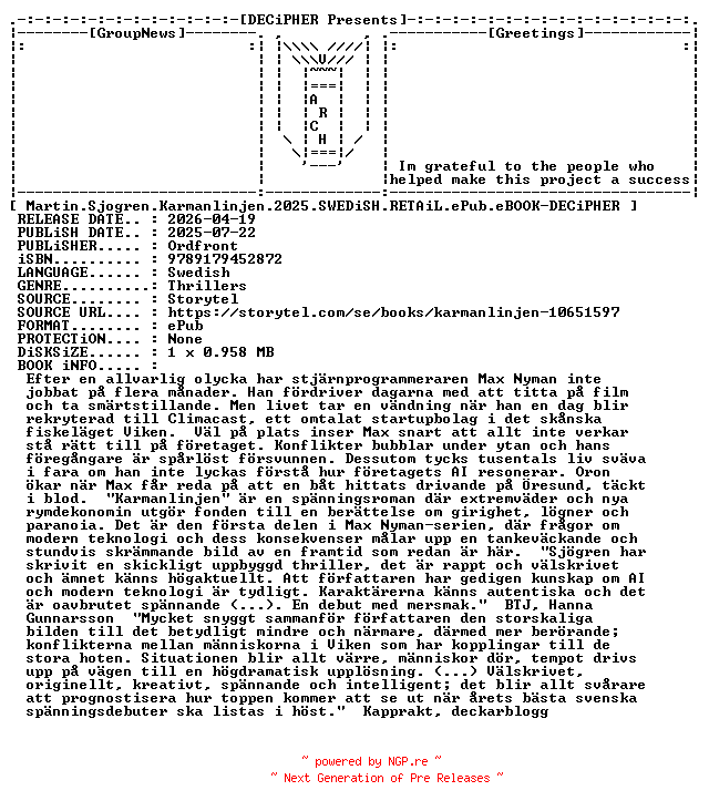 NFO for the release Martin.Sjogren.Karmanlinjen.2025.SWEDiSH.RETAiL.ePub.eBOOK-DECiPHER by DECiPHER