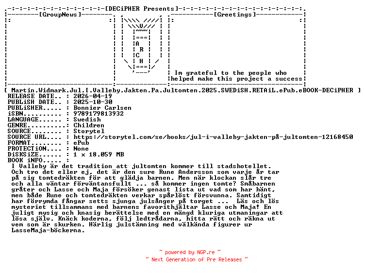 NFO for the release Martin.Widmark.Jul.I.Valleby.Jakten.Pa.Jultomten.2025.SWEDiSH.RETAiL.ePub.eBOOK-DECiPHER by DECiPHER