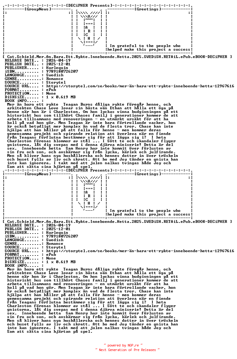 NFO for the release Cat.Schield.Mer.An.Bara.Ett.Rykte.Inneboende.Hetta.2025.SWEDiSH.RETAiL.ePub.eBOOK-DECiPHER by DECiPHER
