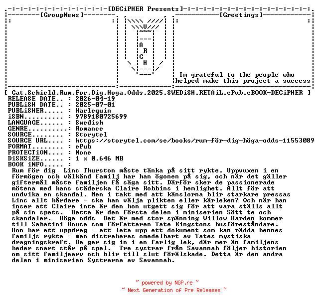 NFO for the release Cat.Schield.Rum.For.Dig.Hoga.Odds.2025.SWEDiSH.RETAiL.ePub.eBOOK-DECiPHER by DECiPHER