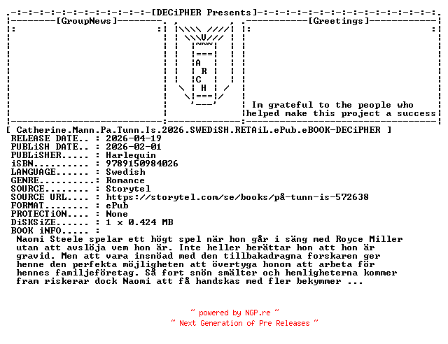NFO for the release Catherine.Mann.Pa.Tunn.Is.2026.SWEDiSH.RETAiL.ePub.eBOOK-DECiPHER by DECiPHER