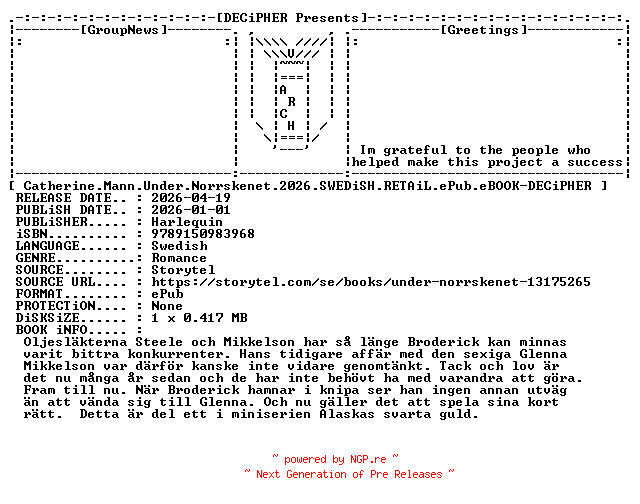 NFO for the release Catherine.Mann.Under.Norrskenet.2026.SWEDiSH.RETAiL.ePub.eBOOK-DECiPHER by DECiPHER