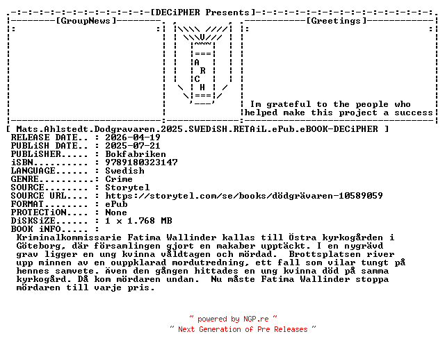 NFO for the release Mats.Ahlstedt.Dodgravaren.2025.SWEDiSH.RETAiL.ePub.eBOOK-DECiPHER by DECiPHER