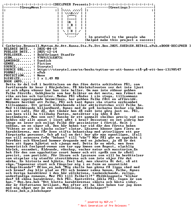 NFO for the release Cathrine.Brunzell.Nyttan.Av.Att.Kunna.Sta.Pa.Ett.Ben.2025.SWEDiSH.RETAiL.ePub.eBOOK-DECiPHER by DECiPHER