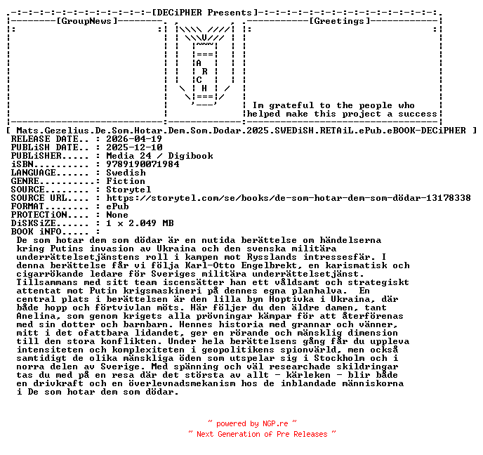 NFO for the release Mats.Gezelius.De.Som.Hotar.Dem.Som.Dodar.2025.SWEDiSH.RETAiL.ePub.eBOOK-DECiPHER by DECiPHER