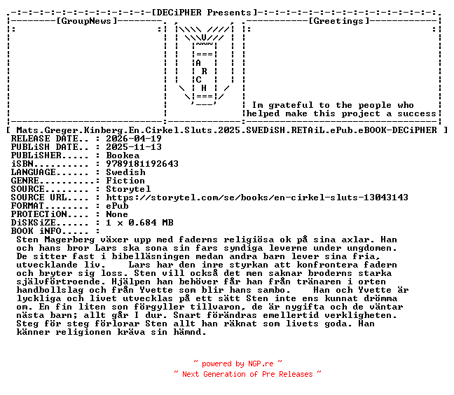 NFO for the release Mats.Greger.Kinberg.En.Cirkel.Sluts.2025.SWEDiSH.RETAiL.ePub.eBOOK-DECiPHER by DECiPHER