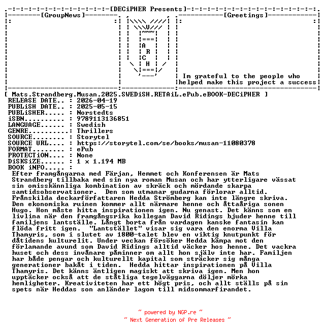 NFO for the release Mats.Strandberg.Musan.2025.SWEDiSH.RETAiL.ePub.eBOOK-DECiPHER by DECiPHER