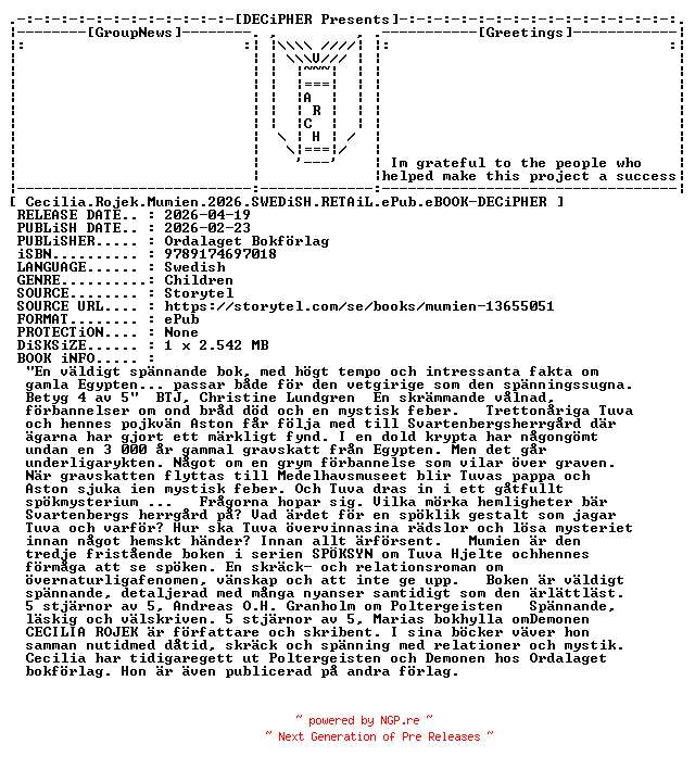 NFO for the release Cecilia.Rojek.Mumien.2026.SWEDiSH.RETAiL.ePub.eBOOK-DECiPHER by DECiPHER