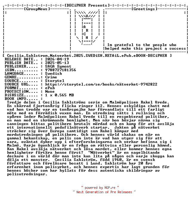 NFO for the release Cecilia.Sahlstrom.Natverket.2025.SWEDiSH.RETAiL.ePub.eBOOK-DECiPHER by DECiPHER