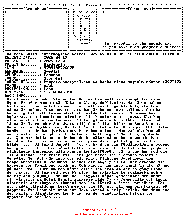 NFO for the release Maureen.Child.Vintermagiska.Natter.2025.SWEDiSH.RETAiL.ePub.eBOOK-DECiPHER by DECiPHER