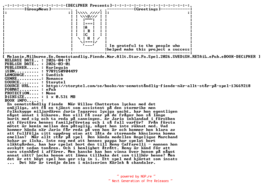 NFO for the release Melanie.Milburne.En.Oemotstandlig.Fiende.Nar.Allt.Star.Pa.Spel.2026.SWEDiSH.RETAiL.ePub.eBOOK-DECiPHER by DECiPHER