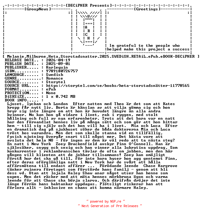 NFO for the release Melanie.Milburne.Heta.Storstadsnatter.2025.SWEDiSH.RETAiL.ePub.eBOOK-DECiPHER by DECiPHER