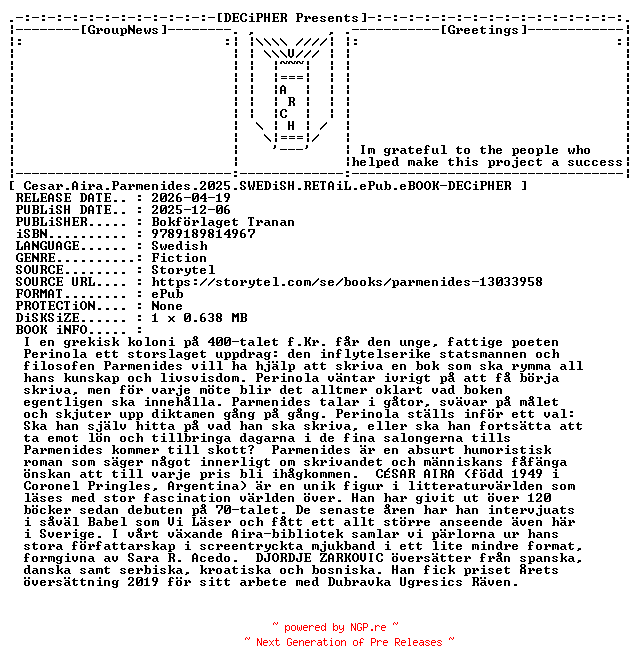 NFO for the release Cesar.Aira.Parmenides.2025.SWEDiSH.RETAiL.ePub.eBOOK-DECiPHER by DECiPHER