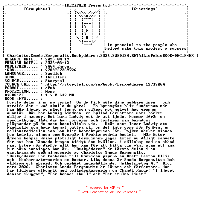 NFO for the release Charlotte.Smeds.Bergenwitt.Beskyddaren.2026.SWEDiSH.RETAiL.ePub.eBOOK-DECiPHER by DECiPHER