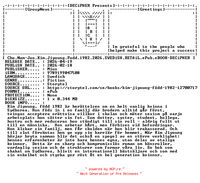 NFO for the release Cho.Nam.Joo.Kim.Jiyoung.Fodd.1982.2026.SWEDiSH.RETAiL.ePub.eBOOK-DECiPHER by DECiPHER