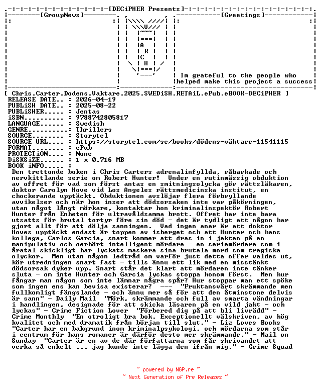 NFO for the release Chris.Carter.Dodens.Vaktare.2025.SWEDiSH.RETAiL.ePub.eBOOK-DECiPHER by DECiPHER
