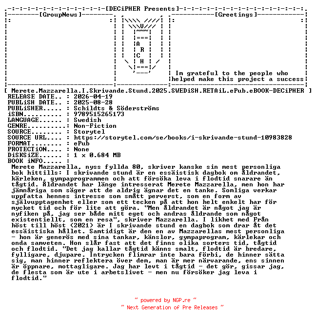 NFO for the release Merete.Mazzarella.I.Skrivande.Stund.2025.SWEDiSH.RETAiL.ePub.eBOOK-DECiPHER by DECiPHER