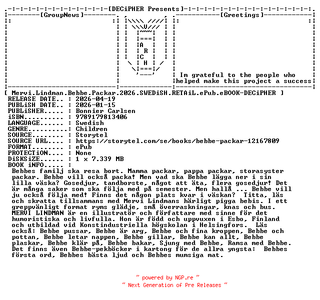 NFO for the release Mervi.Lindman.Bebbe.Packar.2026.SWEDiSH.RETAiL.ePub.eBOOK-DECiPHER by DECiPHER