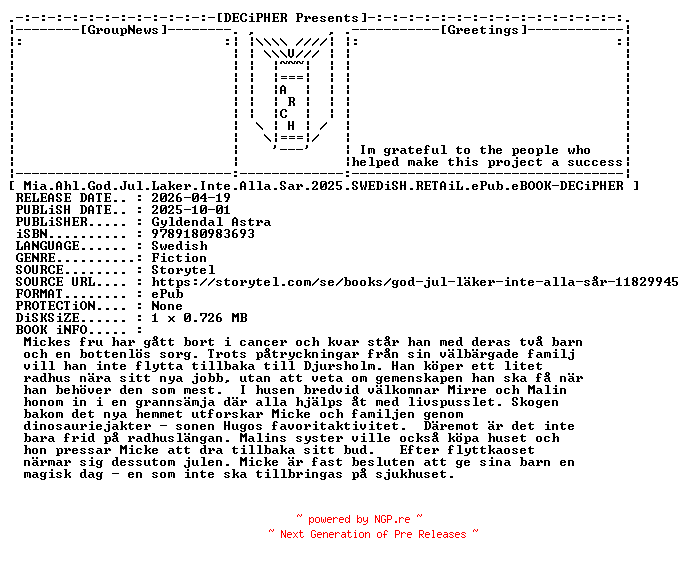 NFO for the release Mia.Ahl.God.Jul.Laker.Inte.Alla.Sar.2025.SWEDiSH.RETAiL.ePub.eBOOK-DECiPHER by DECiPHER